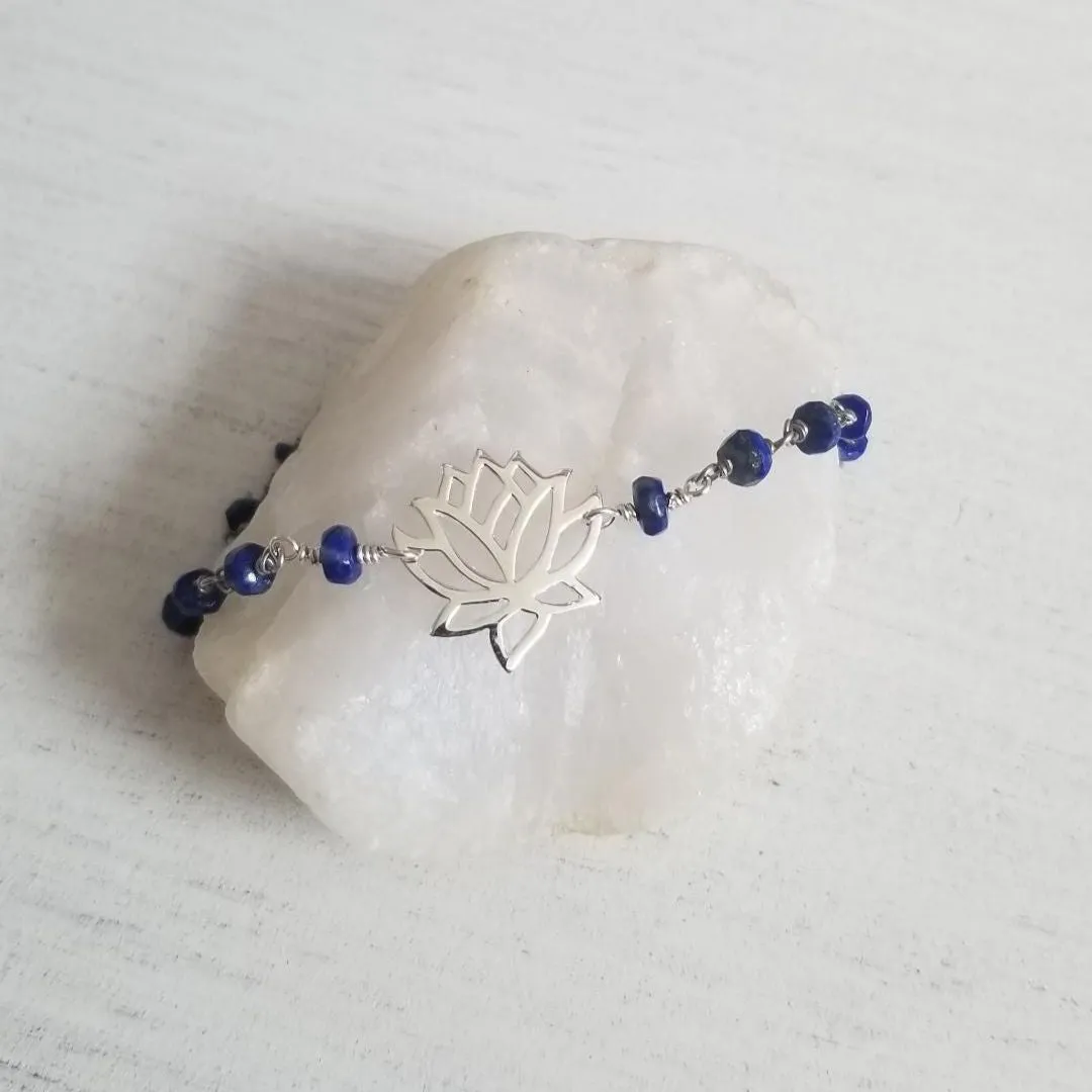 Sterling Silver Lotus Flower Beaded Bracelet, Lapis Lazuli or Emerald