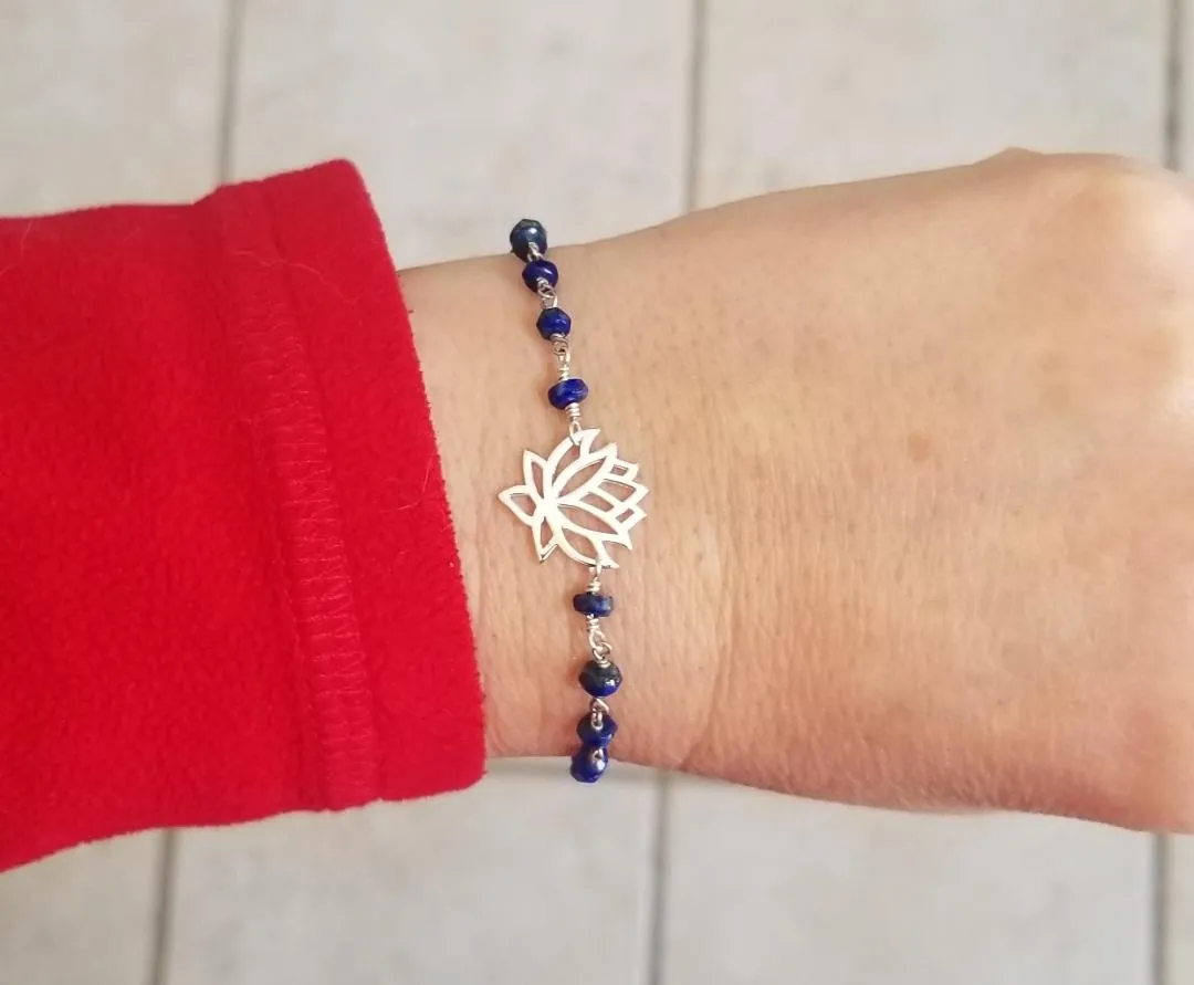 Sterling Silver Lotus Flower Beaded Bracelet, Lapis Lazuli or Emerald