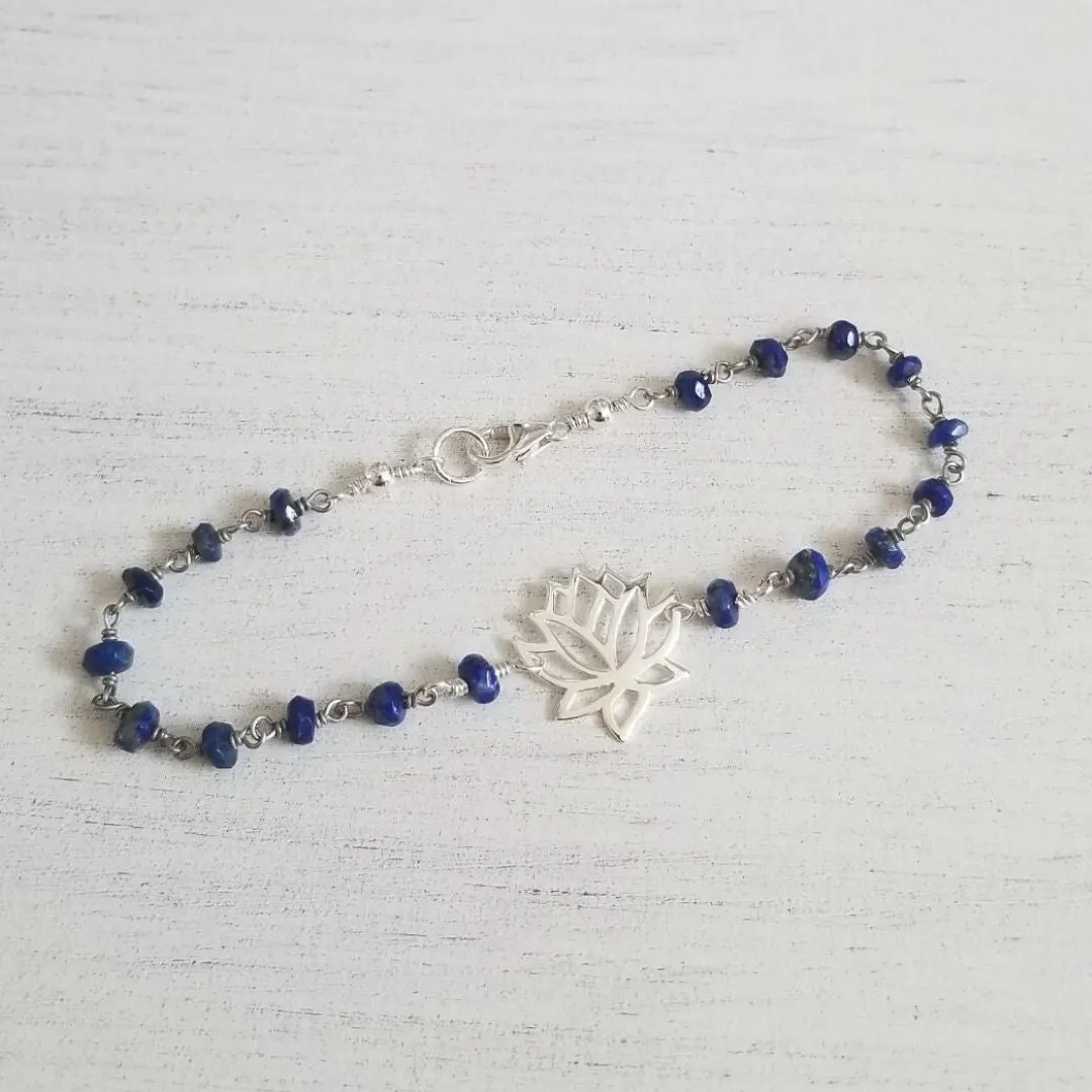 Sterling Silver Lotus Flower Beaded Bracelet, Lapis Lazuli or Emerald