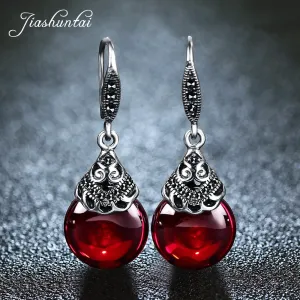 Sterling Silver Round Natural Garnet Gemstone  Drop Earrings