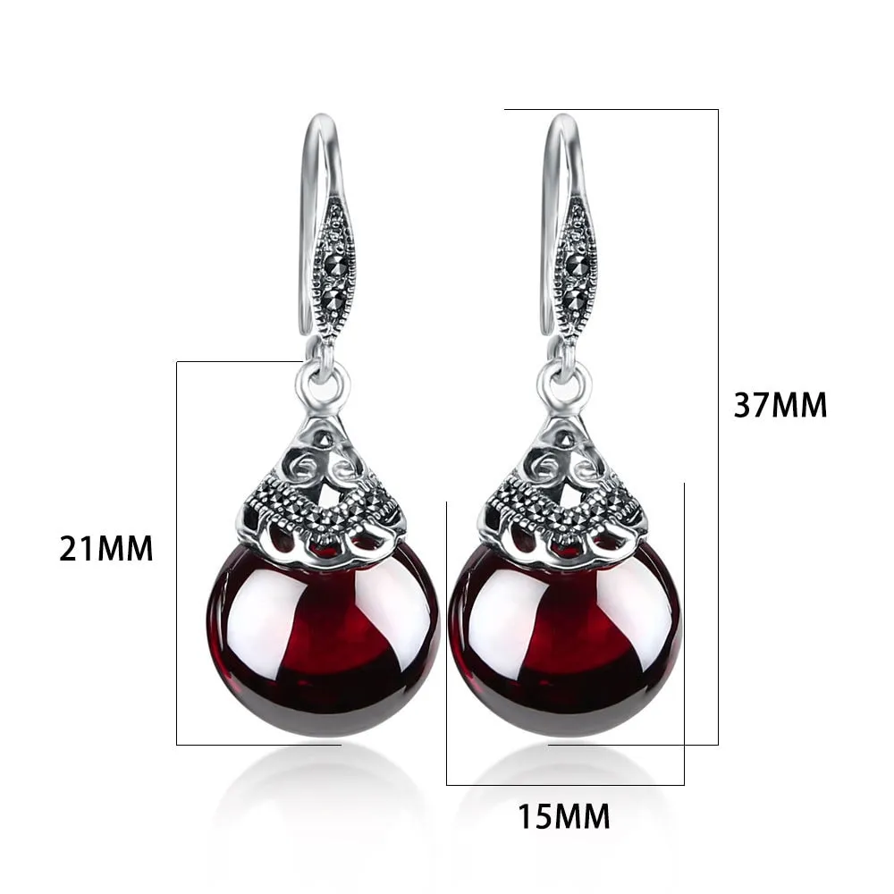 Sterling Silver Round Natural Garnet Gemstone  Drop Earrings