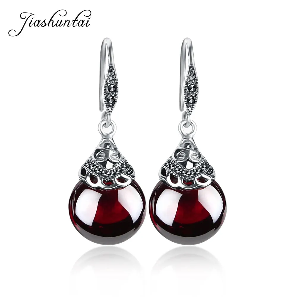 Sterling Silver Round Natural Garnet Gemstone  Drop Earrings