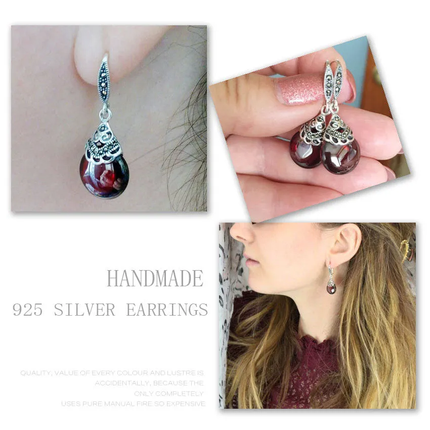 Sterling Silver Round Natural Garnet Gemstone  Drop Earrings