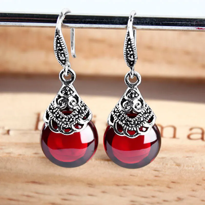 Sterling Silver Round Natural Garnet Gemstone  Drop Earrings