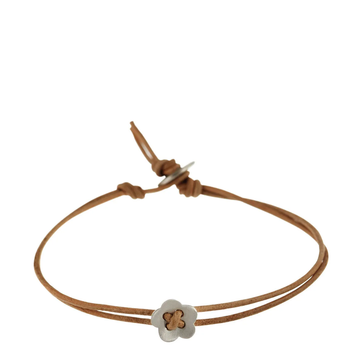 Sterling Silver Small Single Flower Bracelet on Natural Leather