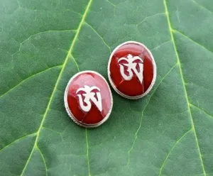 Sterling Tibetan OM Post Earrings with Coral Inlay