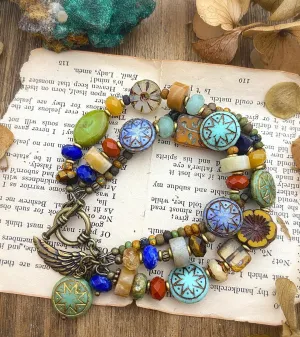 Tucson vibes. Czech glass, multi strand, bronze metal, bracelet, KIT