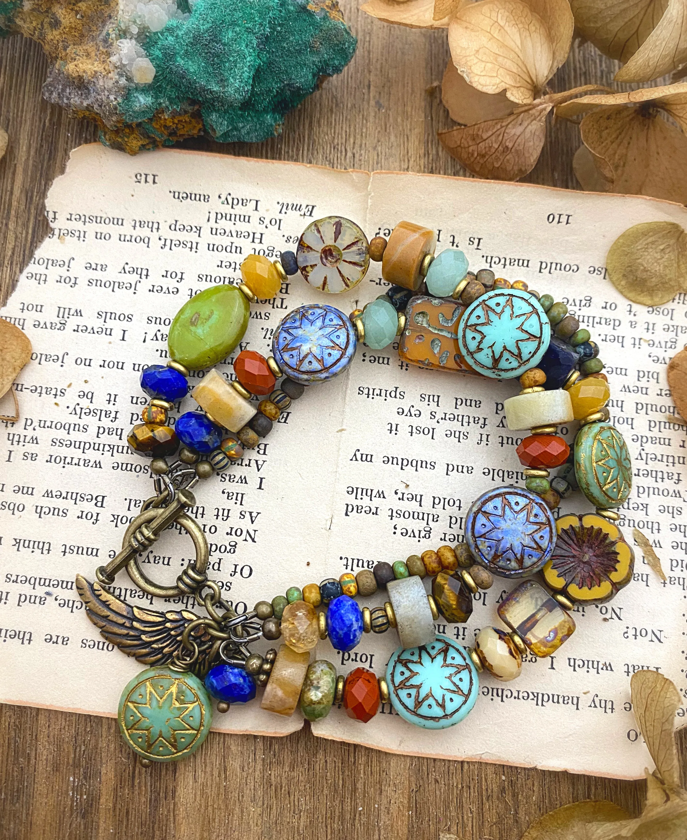 Tucson vibes. Czech glass, multi strand, bronze metal, bracelet, KIT