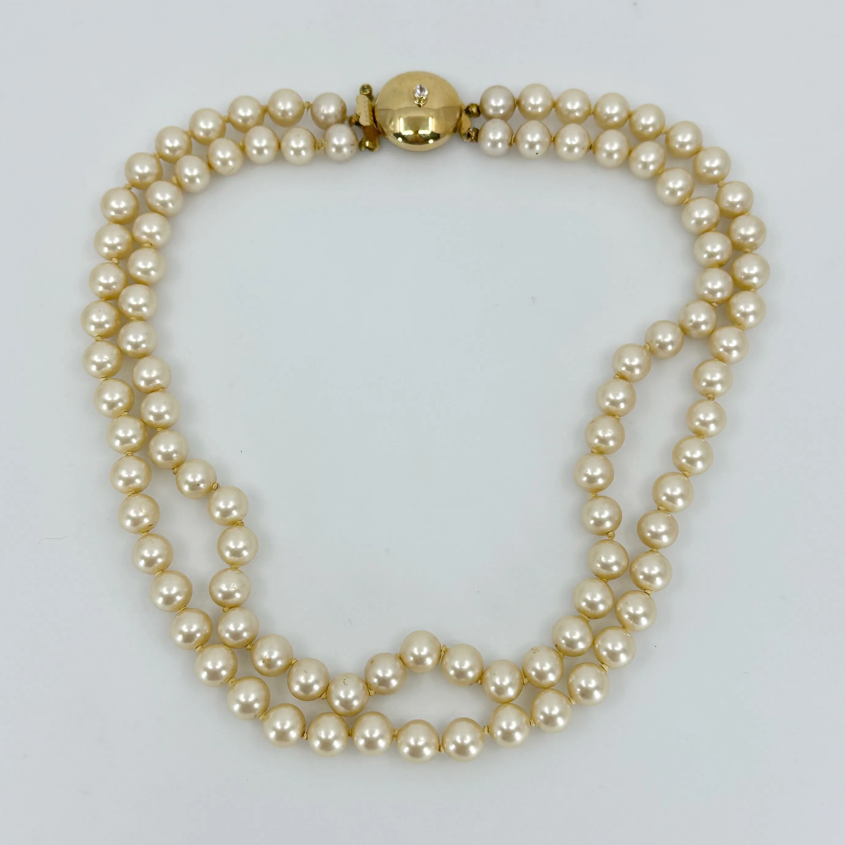 Vintage Gold filled double strand pearl & cubic zirconia necklace