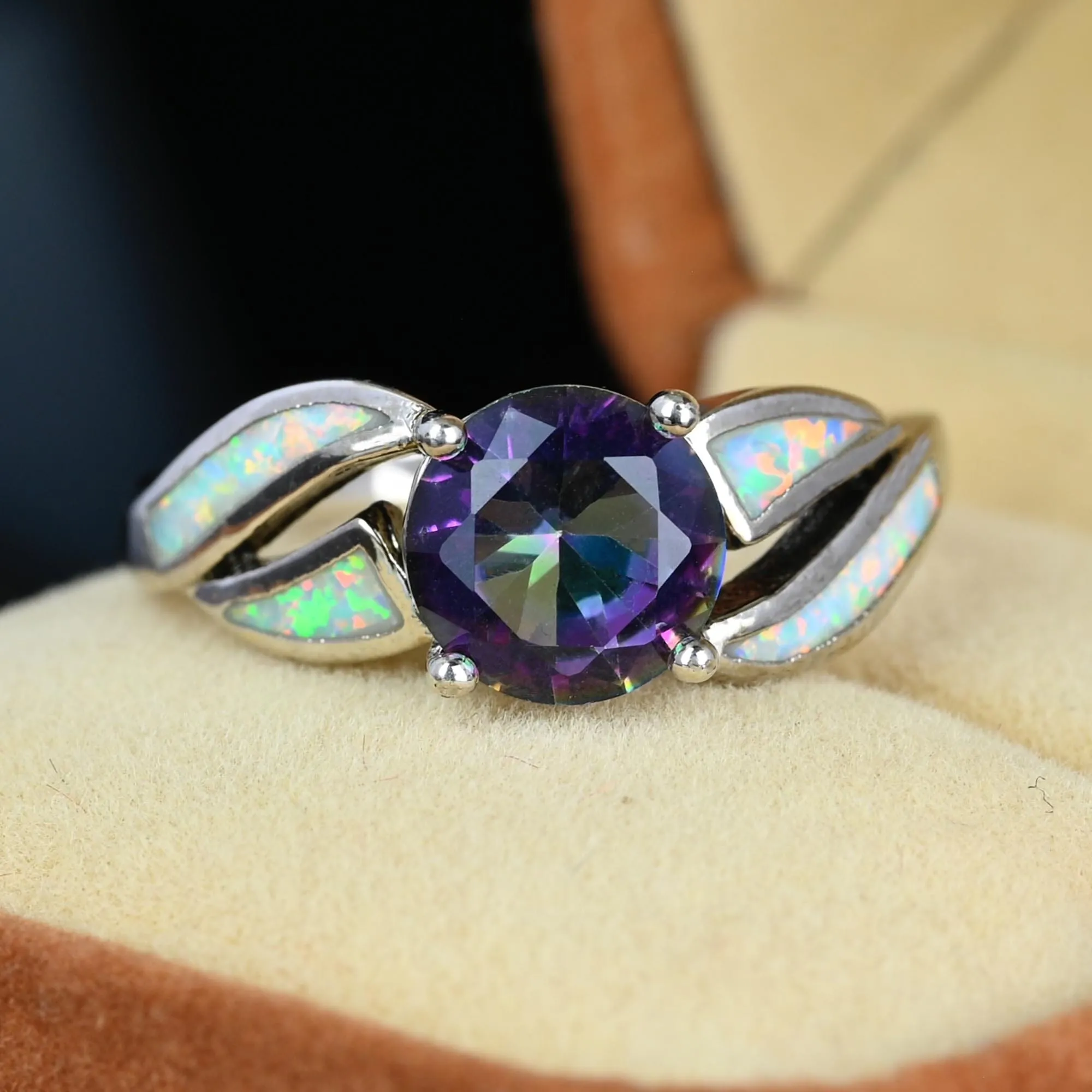 Vintage Opal Inlay Mystic Topaz Ring in 10K White Gold