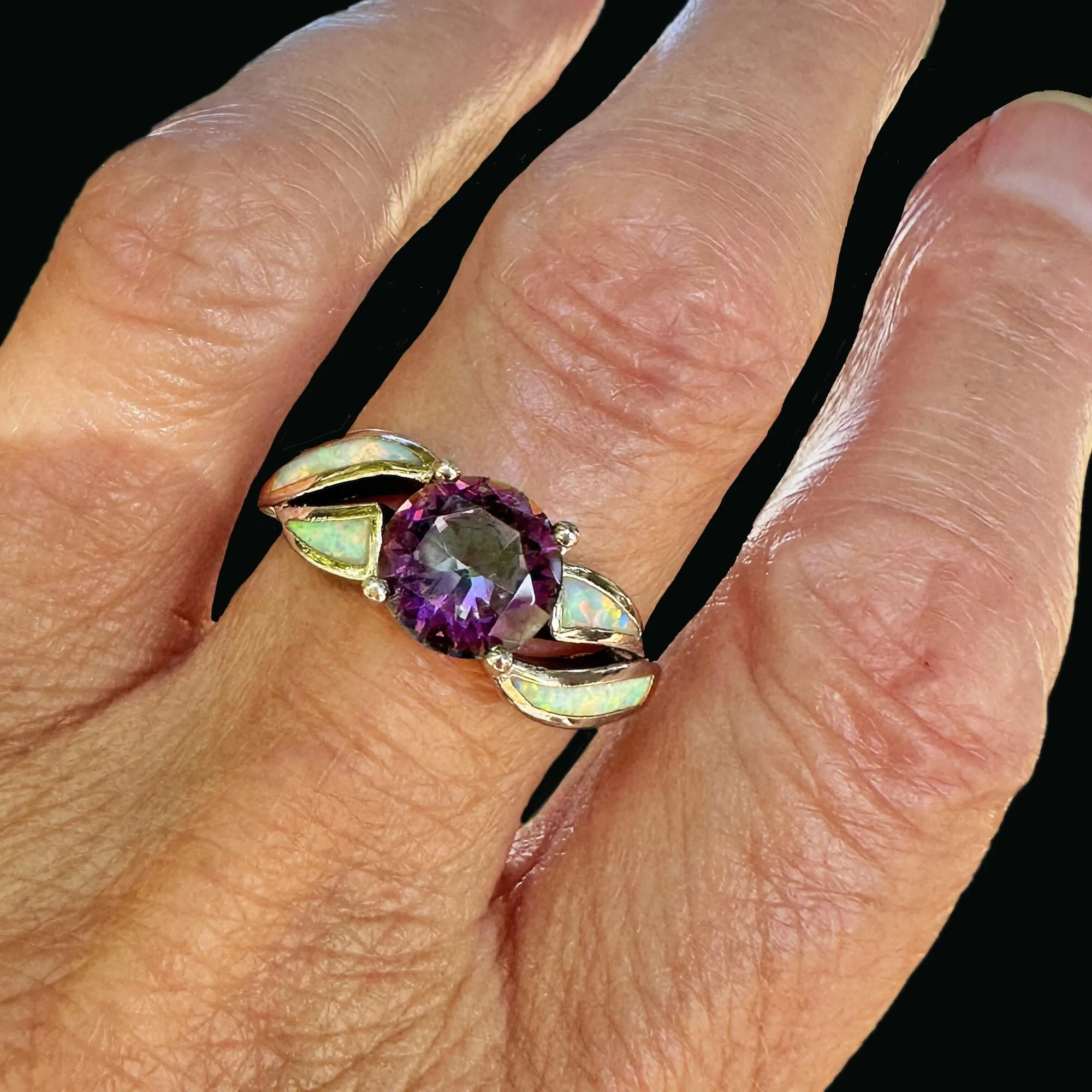 Vintage Opal Inlay Mystic Topaz Ring in 10K White Gold