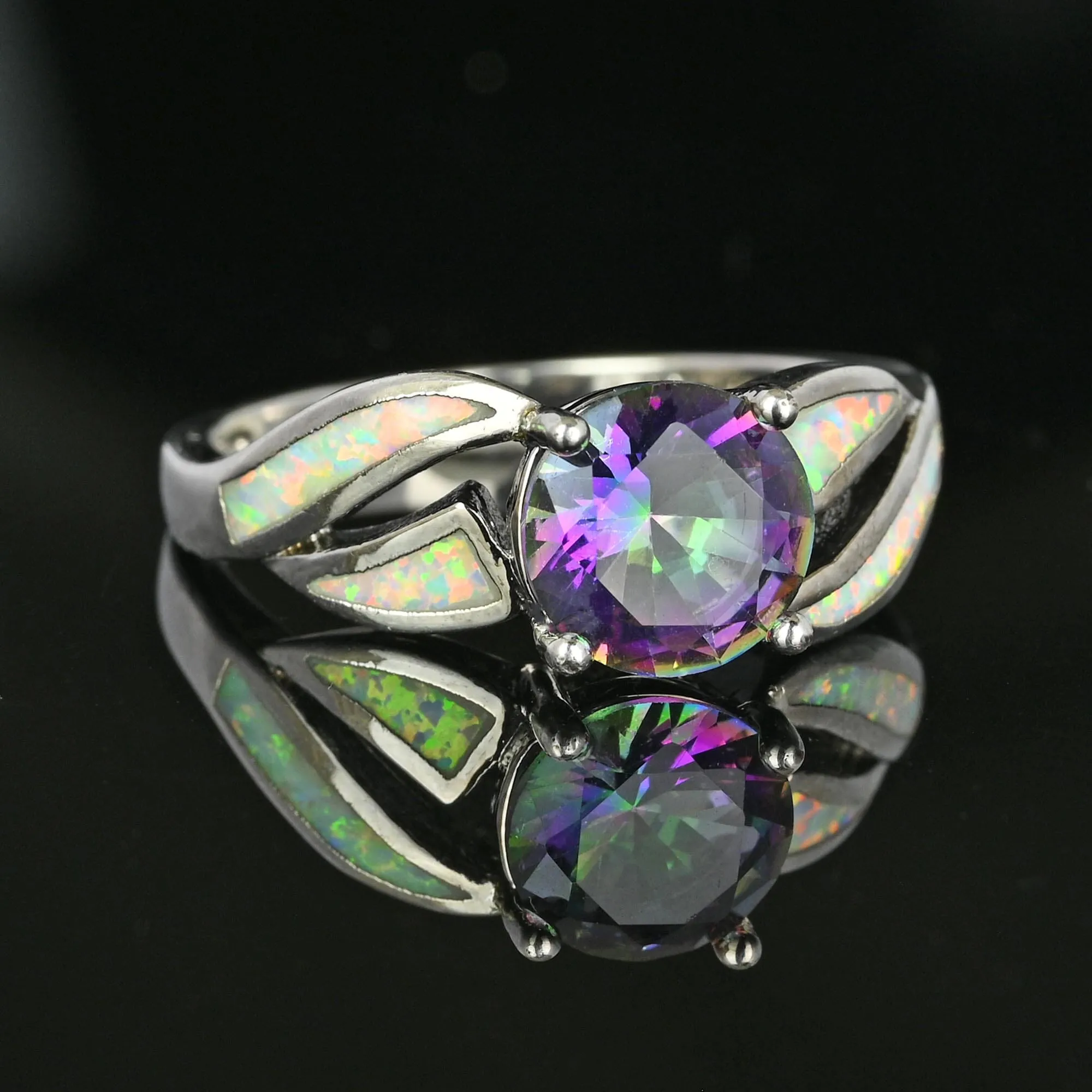 Vintage Opal Inlay Mystic Topaz Ring in 10K White Gold