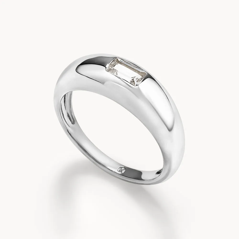 White Topaz Baguette Curve Pinky Ring in Silver